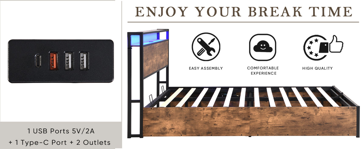 Elevating Platform Bed with LED Headboard Brown