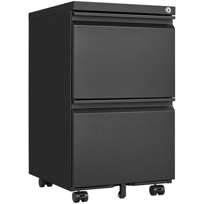 Black 2-Drawer Mobile File Cabinet – 25.6" High with Lock for Legal/Letter Size Files