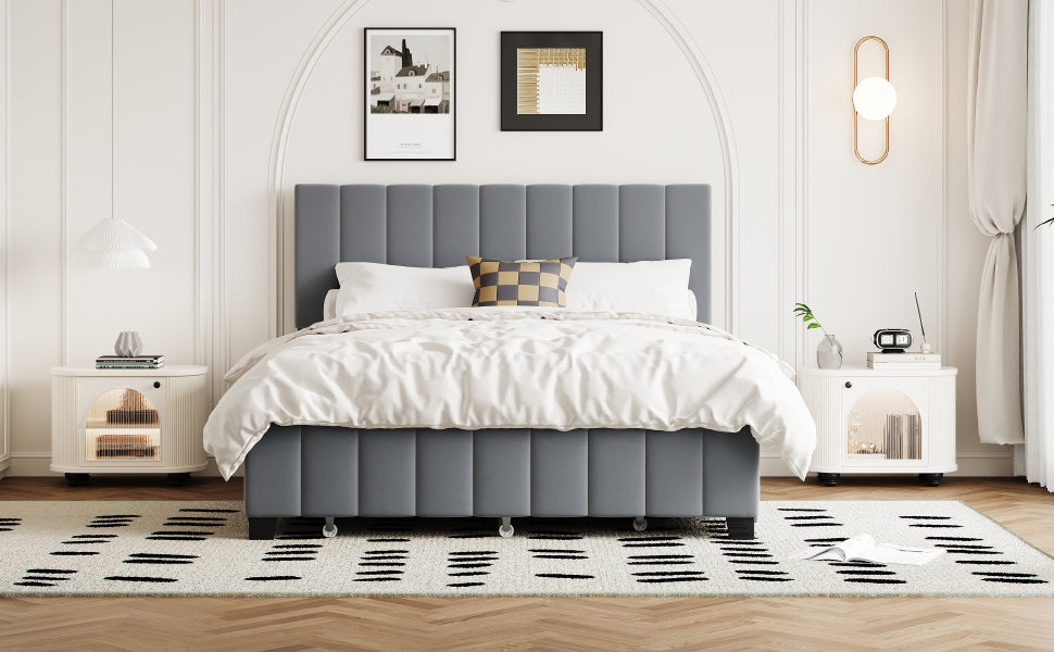 Velvet Upholstered Queen Platform Bed with Trundle Gray