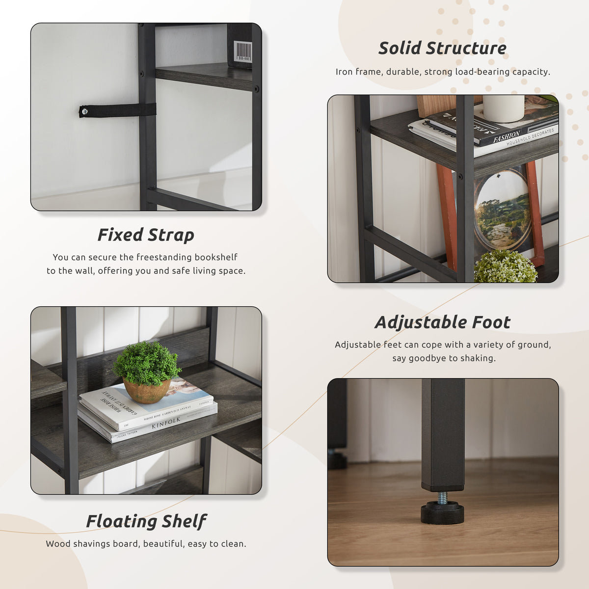 Industrial 5-Shelf Bookshelf Gray