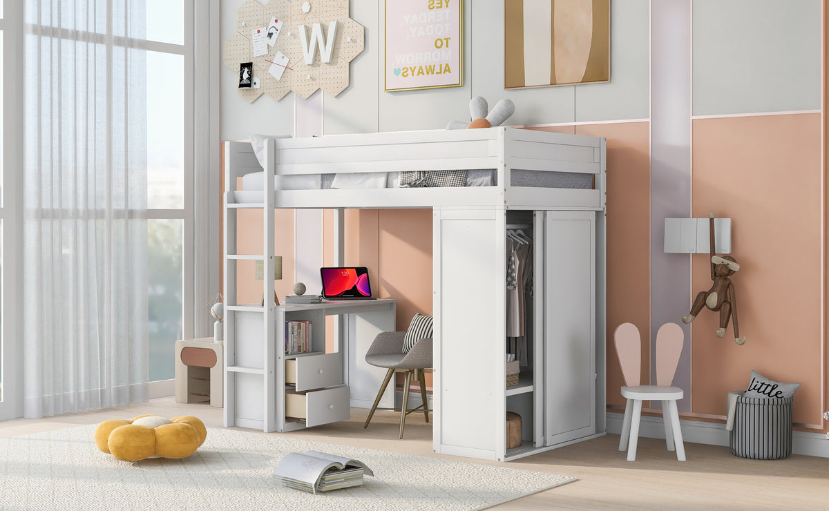 White Twin Loft Bed with Desk