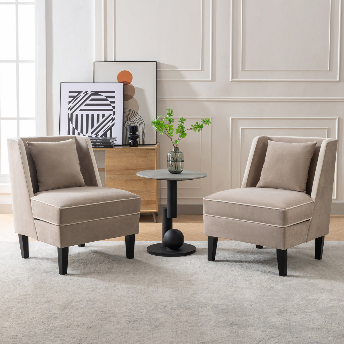 Velvet Wingback Accent Chair – Tan & Cream