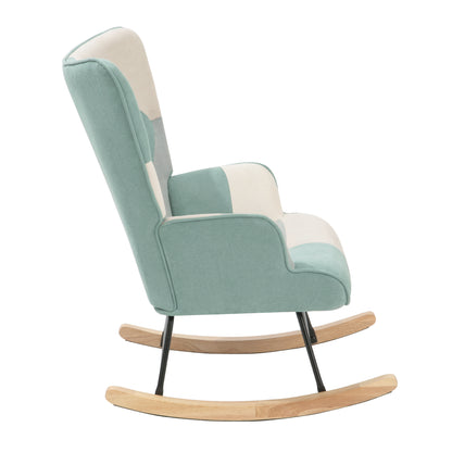 Mid-Century Patchwork Rocking Chair with Ottoman – Linen Fabric