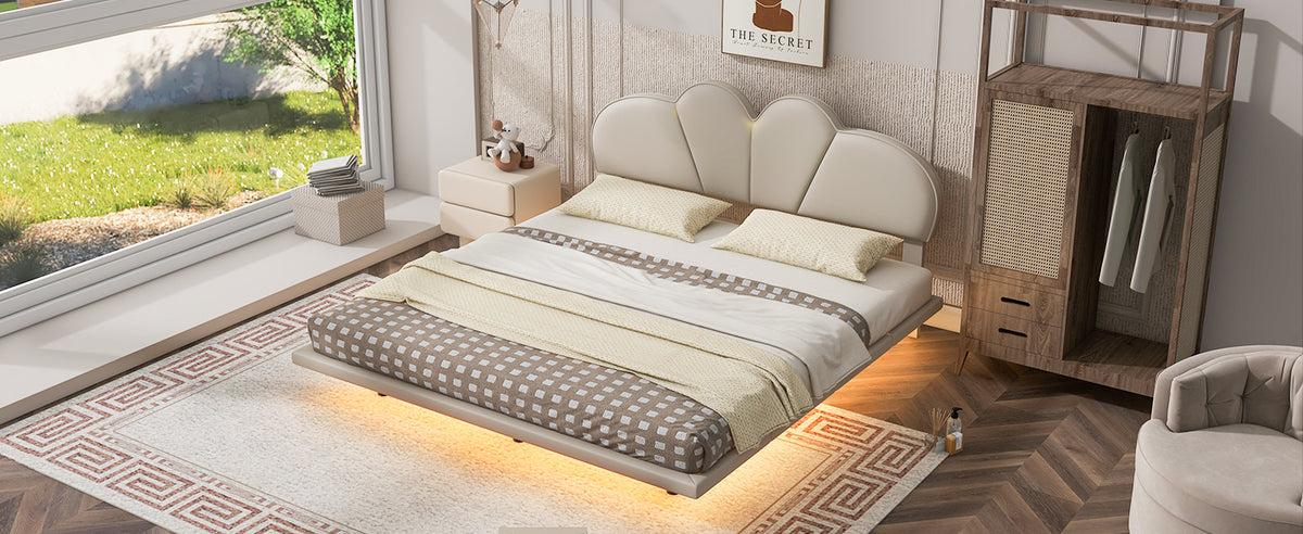 Upholstered Queen Bed with PU Headboard Beige