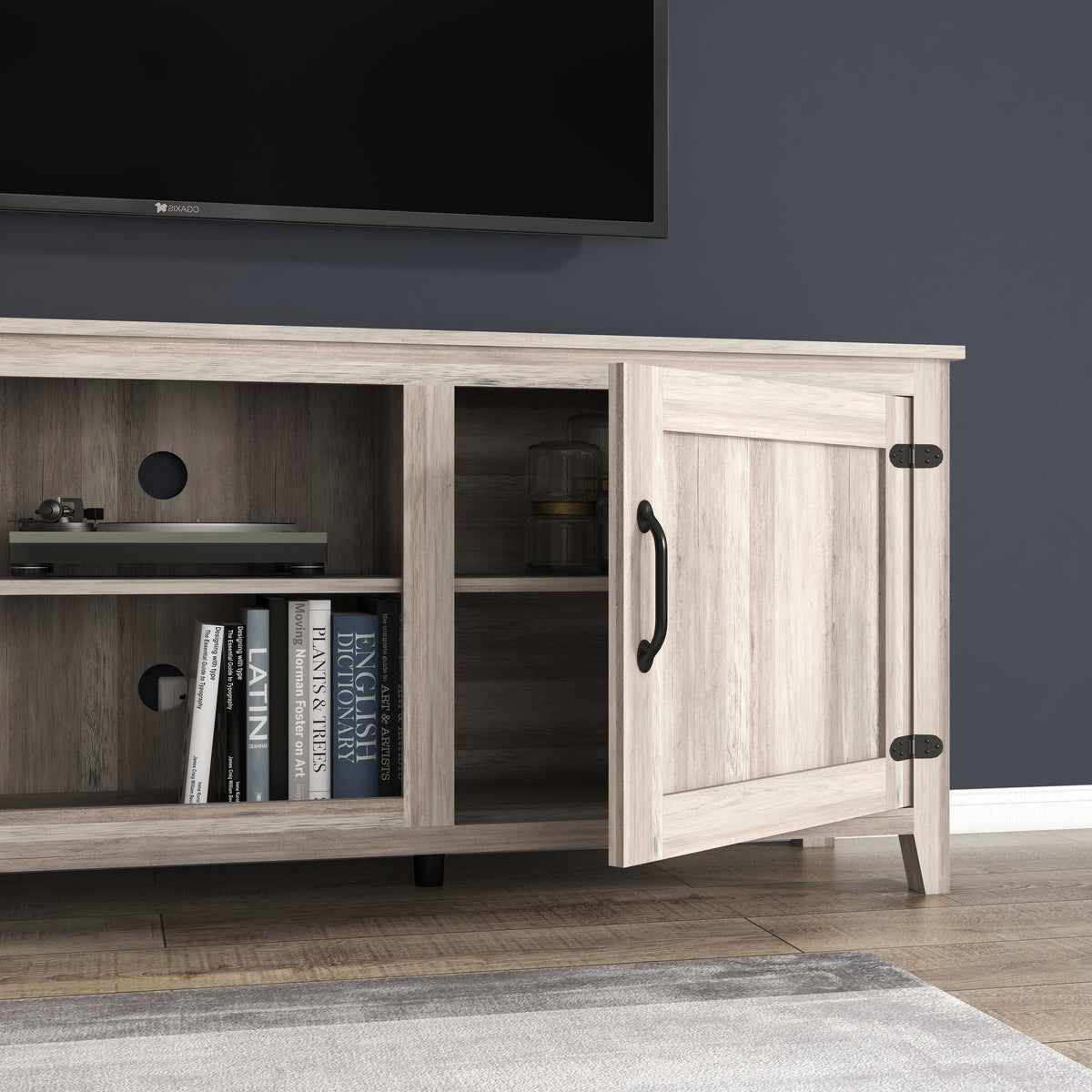 Grey Walnut TV Stand with Storage Cabinets and Media Shelf
