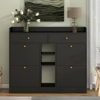 Modern Black Double-Layer Shoe Cabinet with Drawers