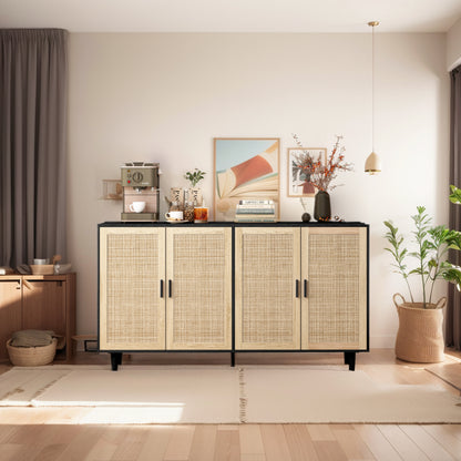 62-Inch Black Rattan 4-Door Storage Cabinet