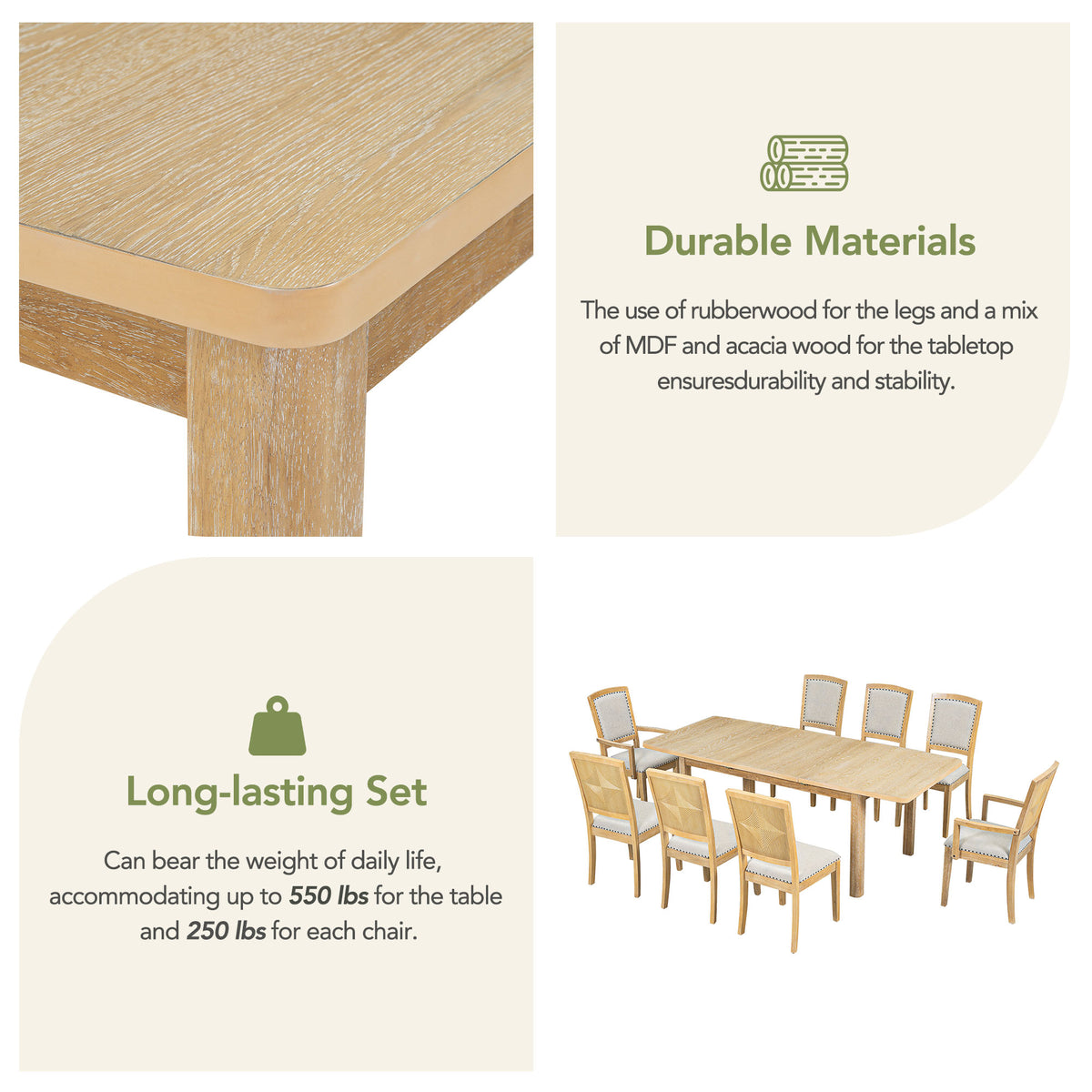 84” Expandable Dining Set – Natural Finish