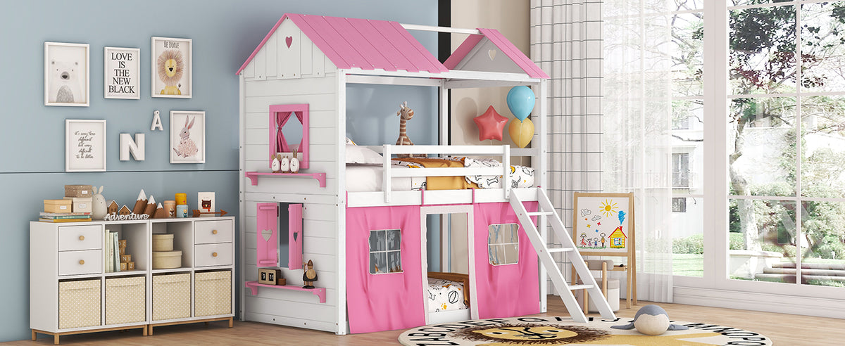 Twin Bunk Bed with Tent Pink White