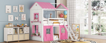 Twin Bunk Bed with Tent Pink White