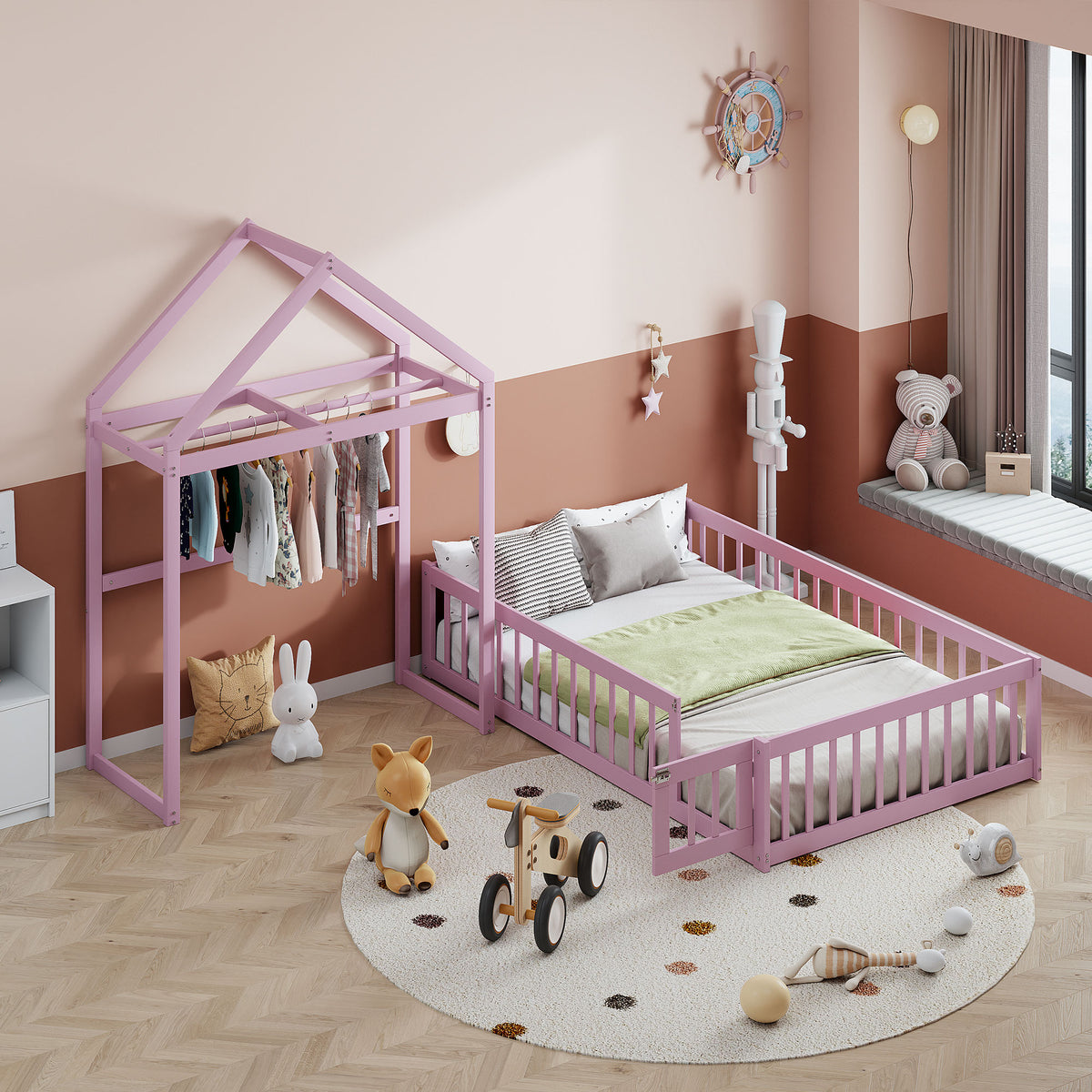 Full Wood Children’s Bed with Clothes Rack Pink