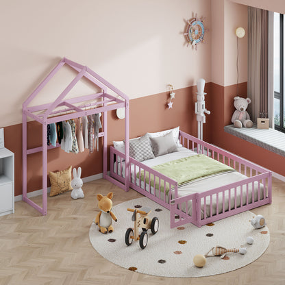 Full Wood Children’s Bed with Clothes Rack Pink