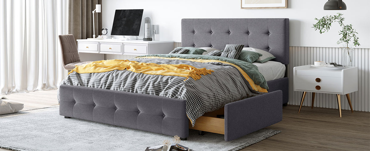 Linen Upholstered Platform Bed with Drawers Dark Gray