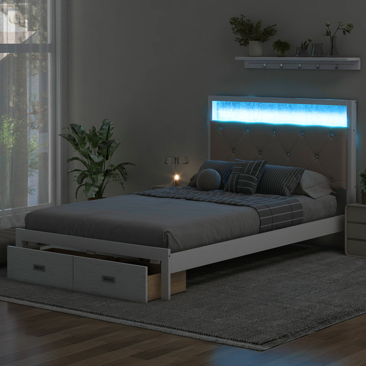 Full Platform Bed with LED Headboard White