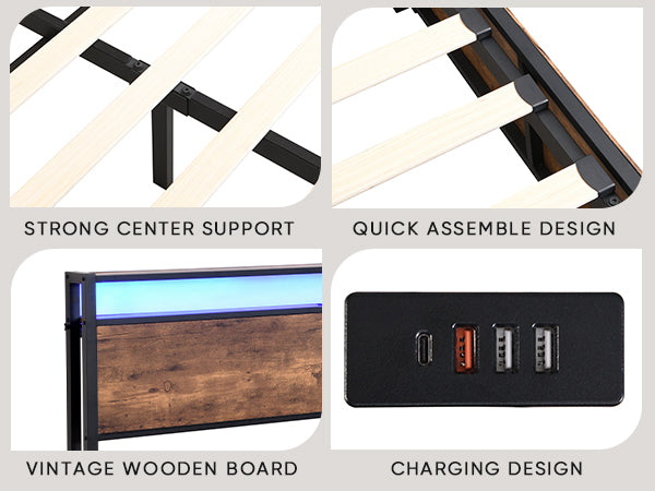 Elevating Platform Bed with LED Headboard Brown