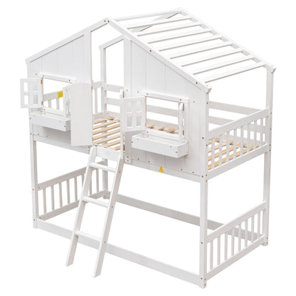 Twin House Bunk Bed with Ladder White