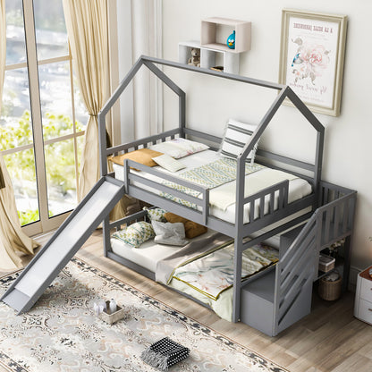 Twin Over Twin Bunk Bed with Storage Gray