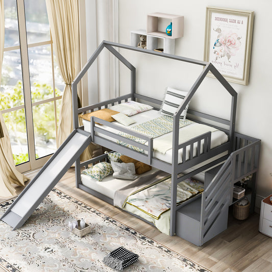 Twin Over Twin Bunk Bed with Storage Gray