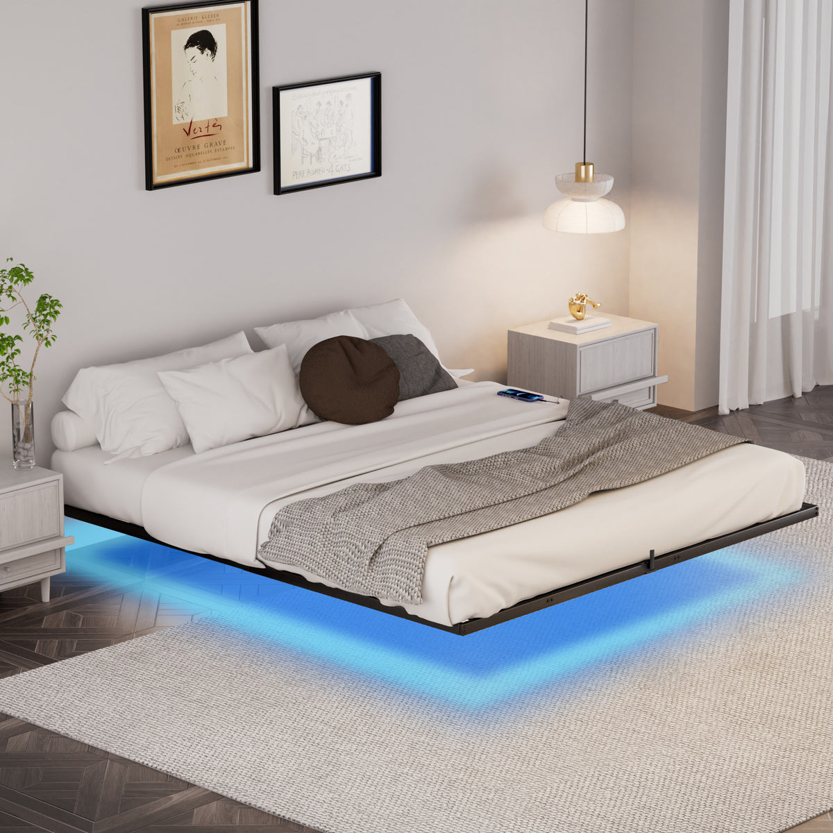 Floating Platform Bed Frame with LED Headboard