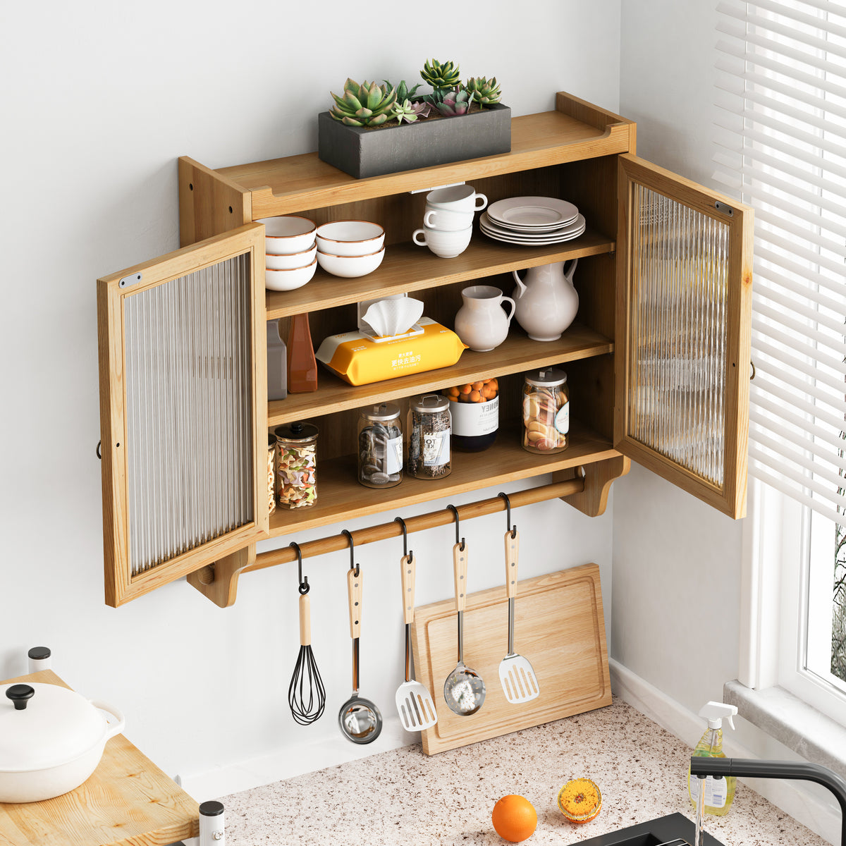 Retro Wood Double Door Kitchen Cabinet with Storage