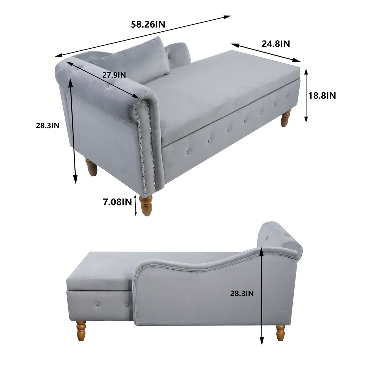 Grey Velvet Lounge Chaise – Modern Roll Arm