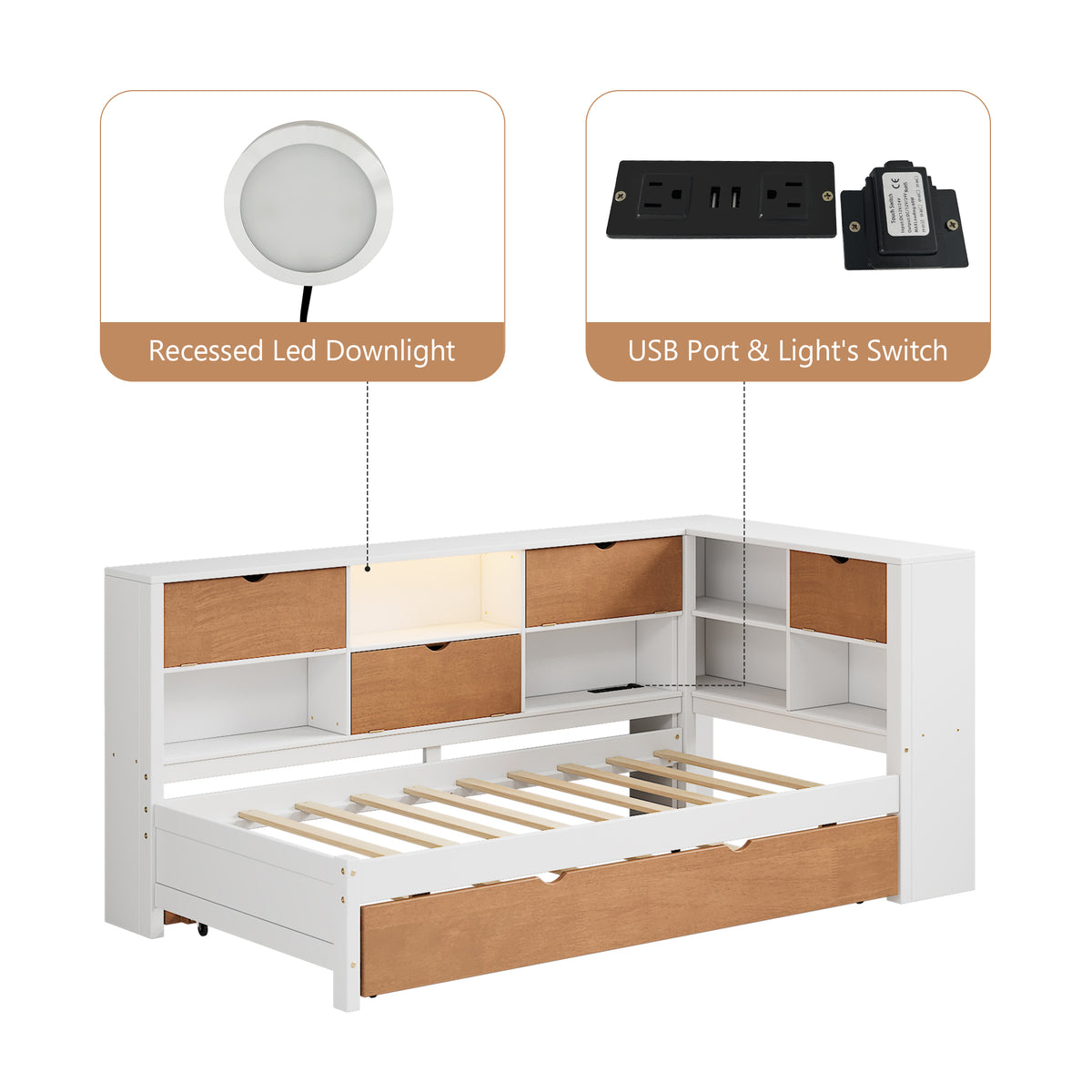 L-Shaped Captain’s Bed with LED Lights Walnut