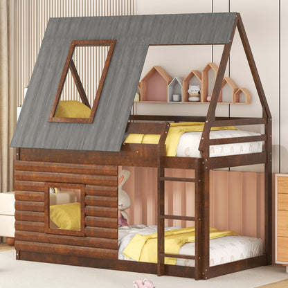 Twin Bunk Bed with Roof Windows Gray