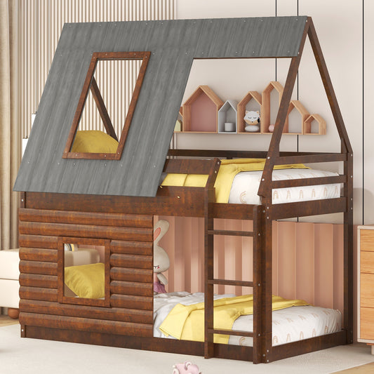 Twin Bunk Bed with Roof Windows Gray