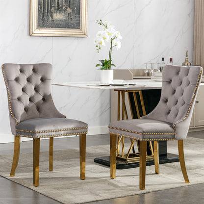 Tufted Velvet Dining Chair Set (2 pcs) – Gray & Gold Legs