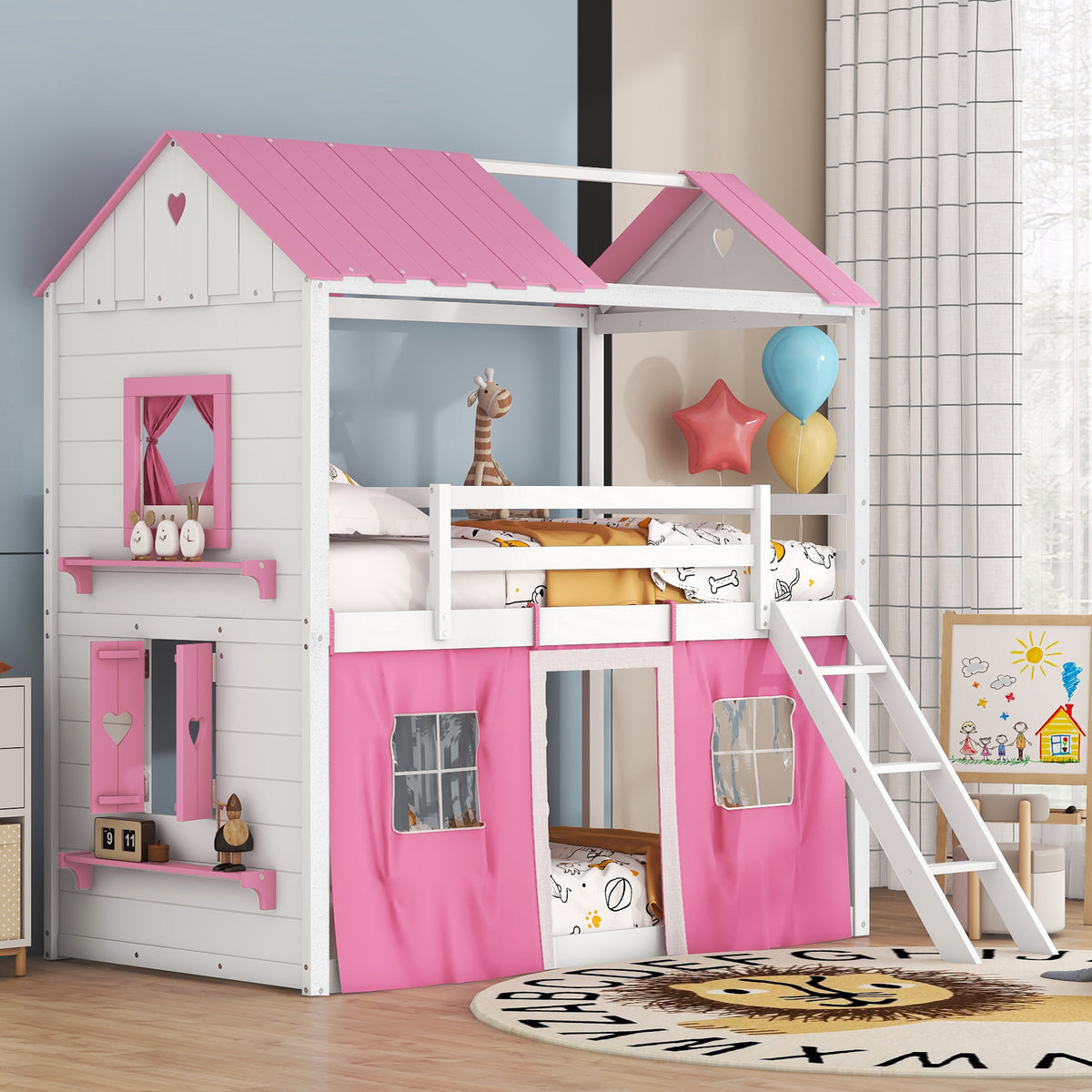 Twin Bunk Bed with Tent Pink White