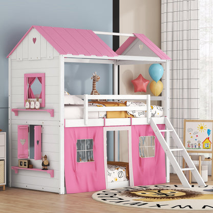 Twin Bunk Bed with Tent Pink White