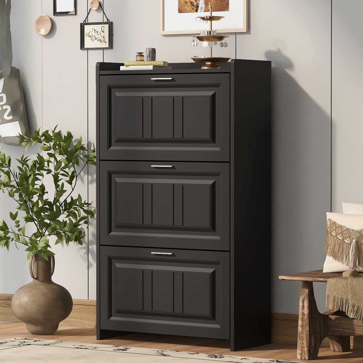 U-Can Black Shoe Storage Cabinet with 3 Flip Drawers