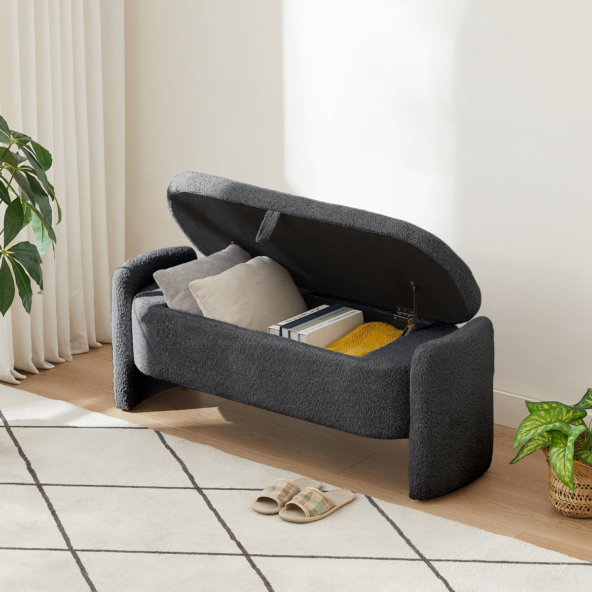 Oval Fabric Storage Ottoman – Dark Grey