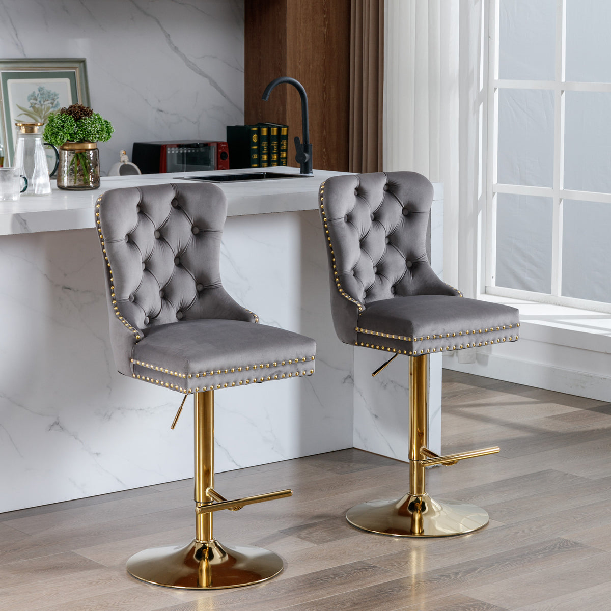 Adjustable Velvet Bar Stool Set of 2 Gray