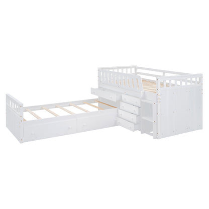L-Shaped Twin Loft Bed with Storage White