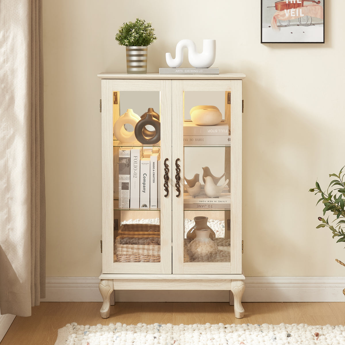 Dual Door Curio Display Cabinet with Adjustable Glass Shelves White