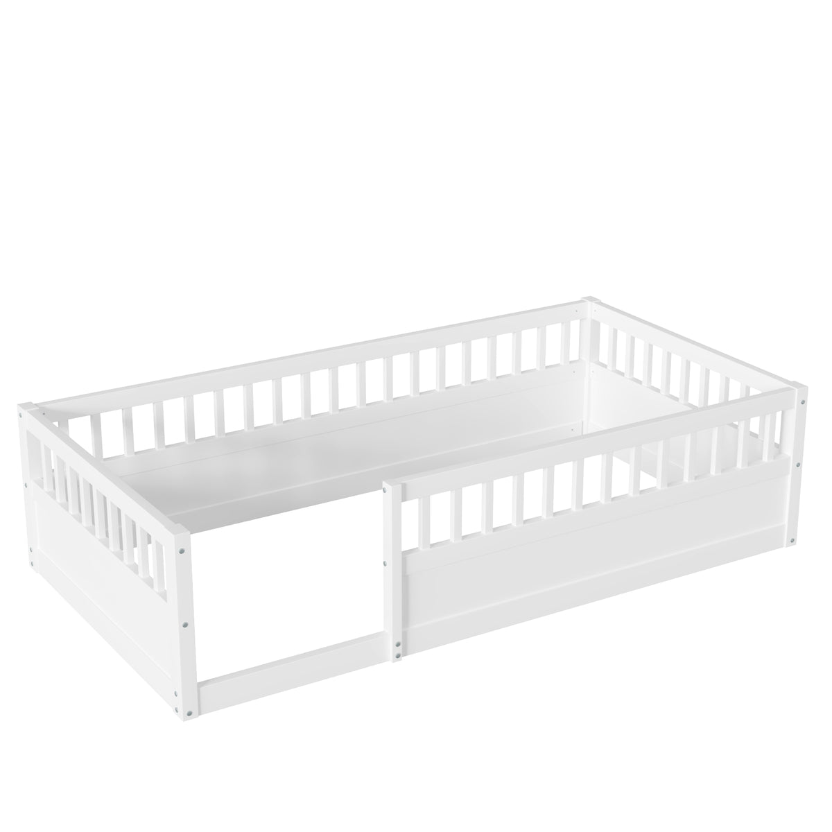 Wood Floor Twin Bed with Fence White
