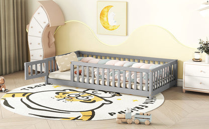 Twin Kids Bed Frame with Safety Rails – Gray