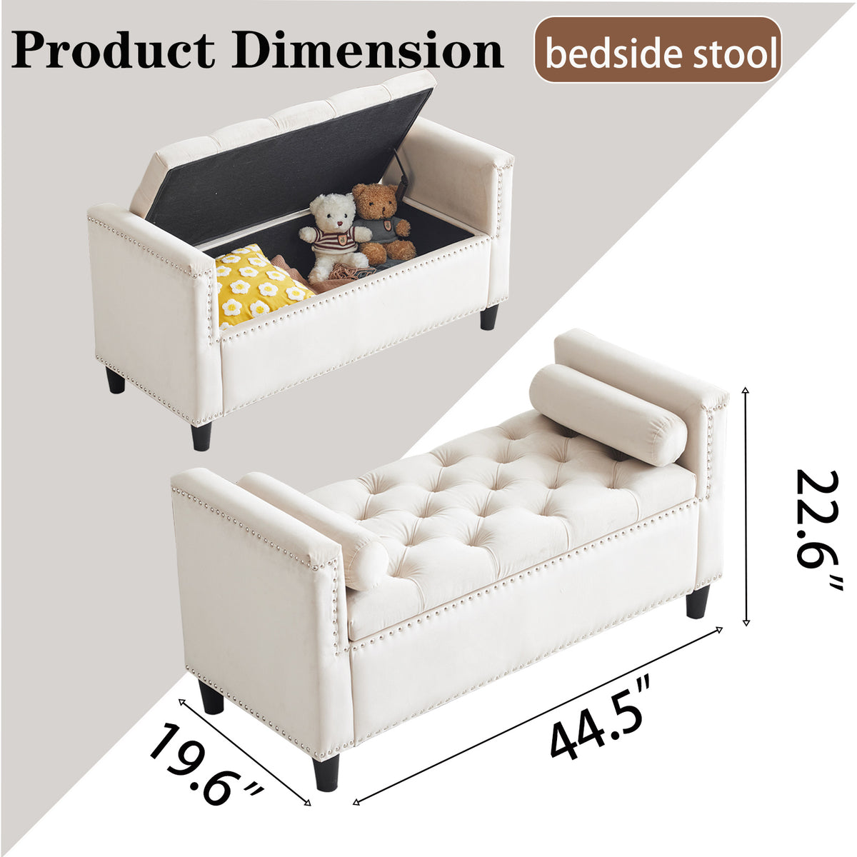 Velvet Storage Bench with Nailhead Trim Cream