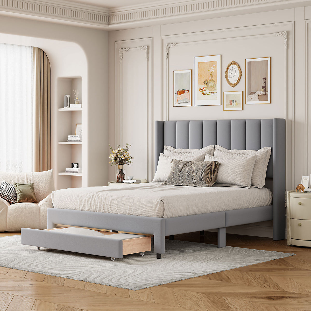 Velvet Platform Bed with Storage Drawer Gray