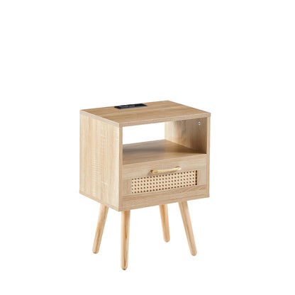 Rattan End Table with USB Ports and Drawer