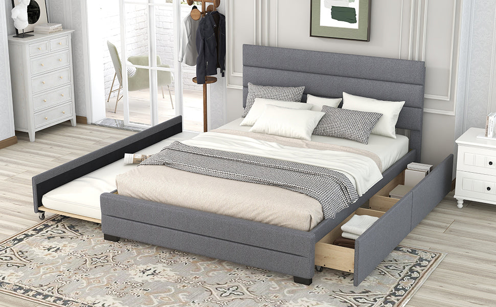 Queen Upholstered Bed with Trundle Gray