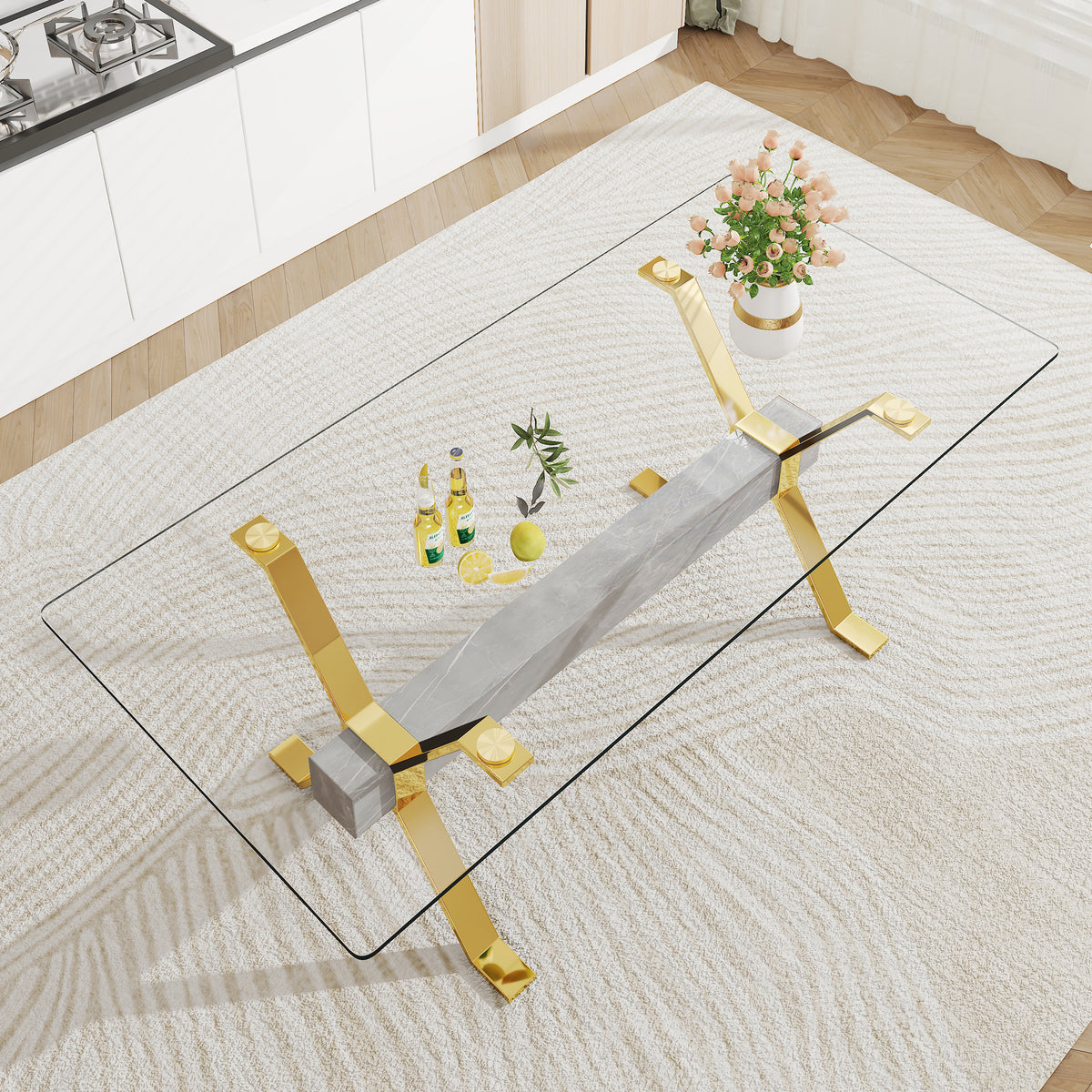 Glass Dining Table with Gold Metal Legs