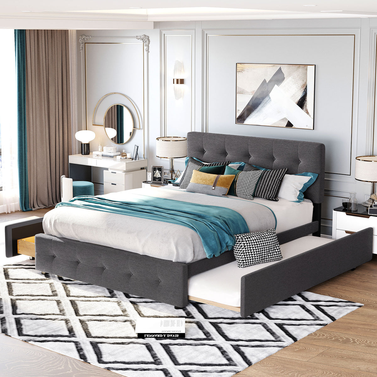 Upholstered Platform Bed Queen Dark Gray