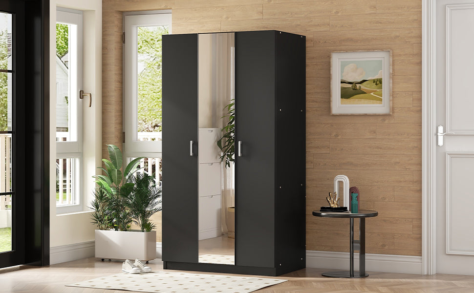 3-Door Wardrobe with Mirror Black
