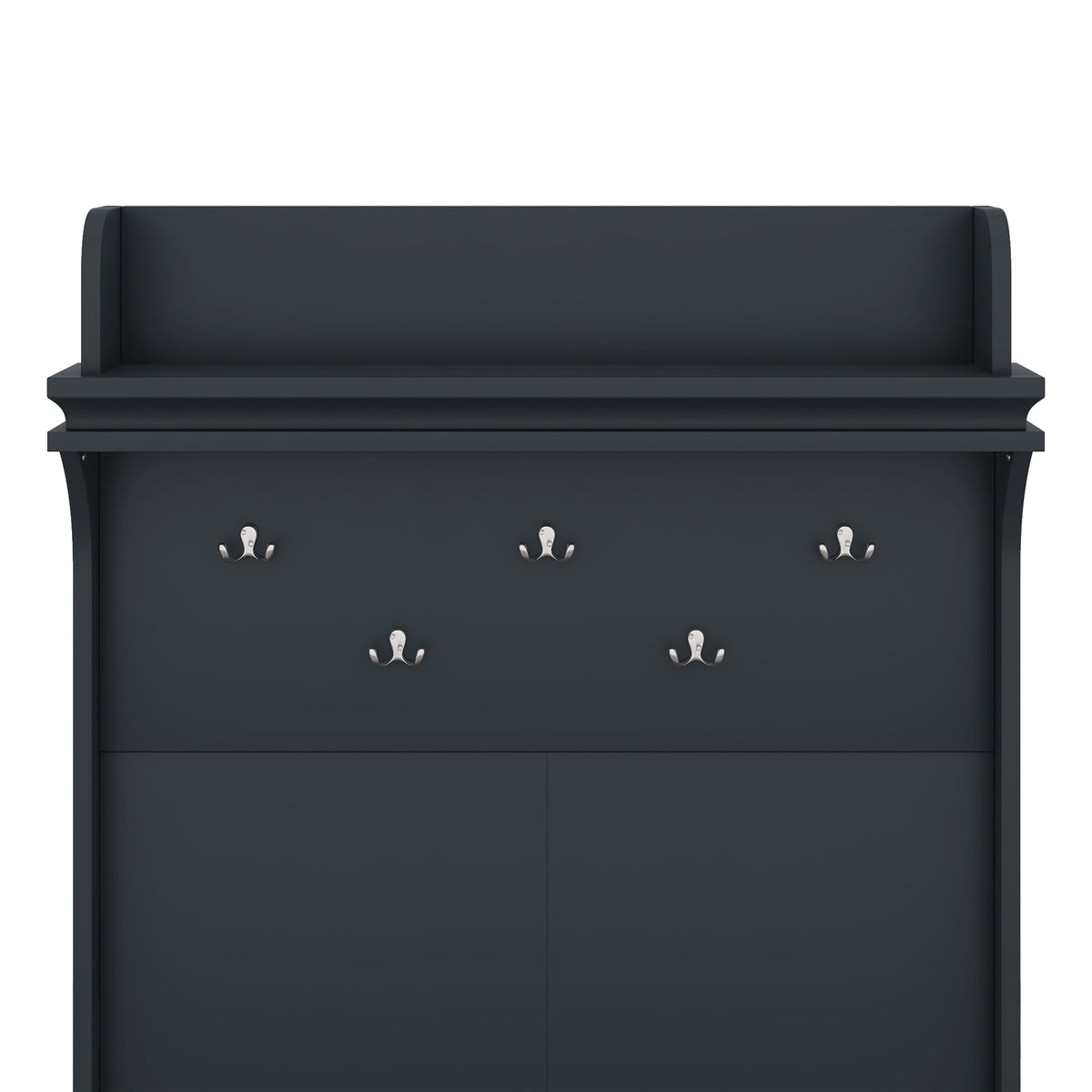 Dark Blue Hall Tree with Desk, Hooks, and Shelves