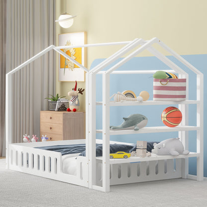 Full Platform Bed with Storage Shelves White
