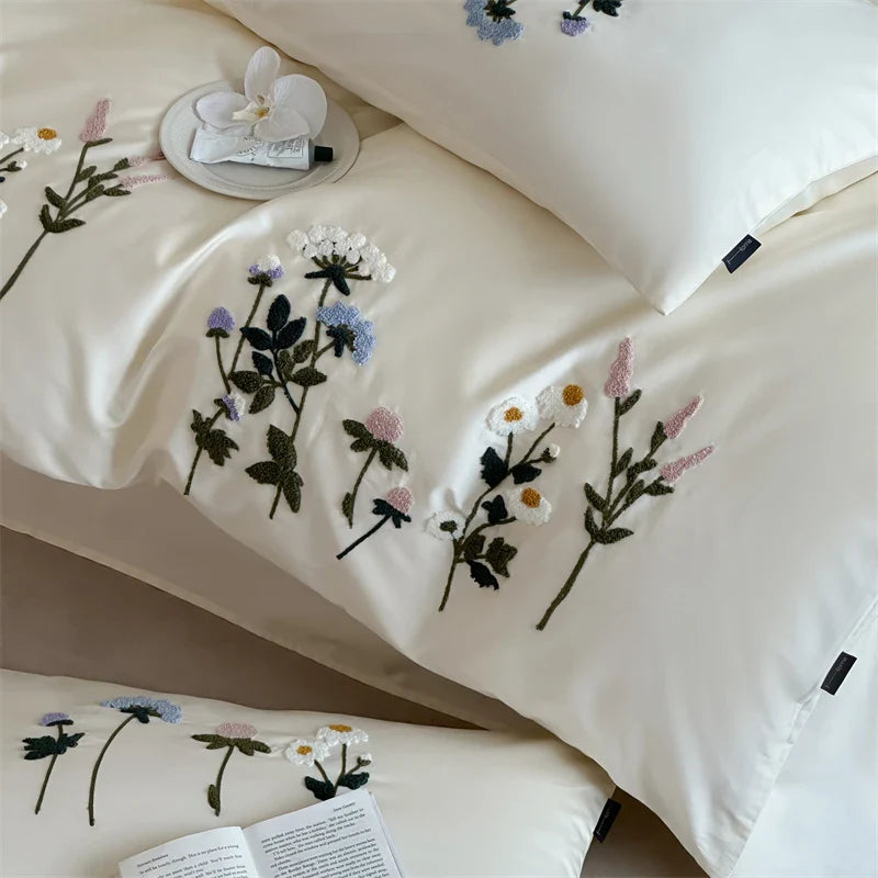 Royal Retreat Daisy Floral Embroidery 1000 TC Cotton Duvet Set - White