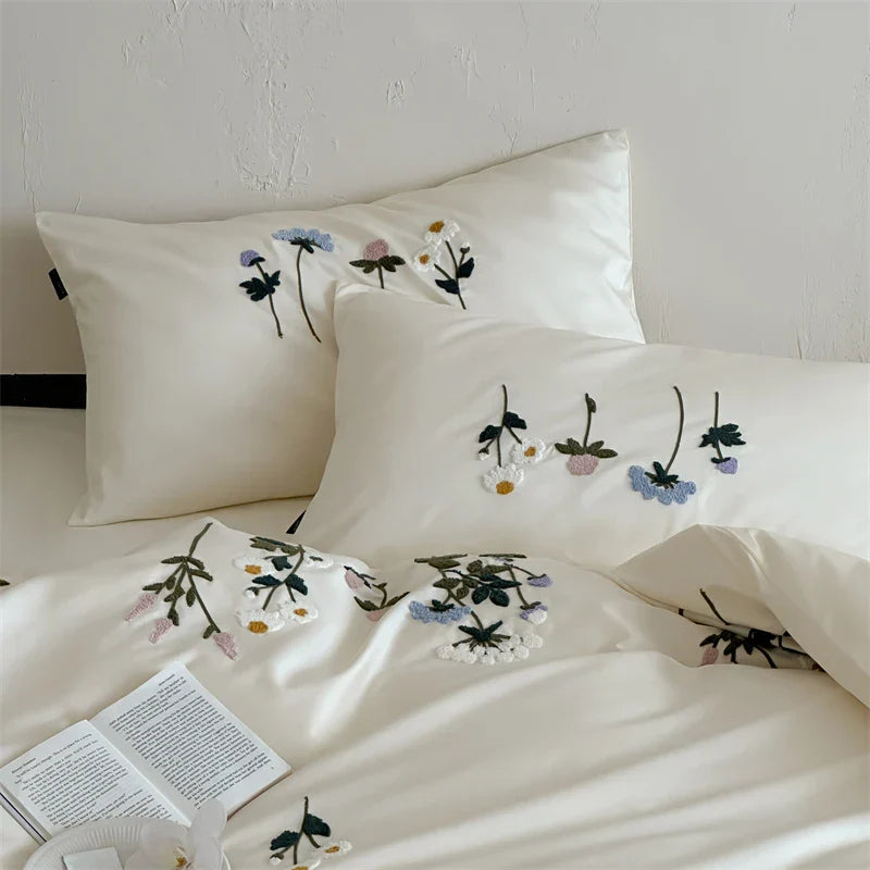 Royal Retreat Daisy Floral Embroidery 1000 TC Cotton Duvet Set - White