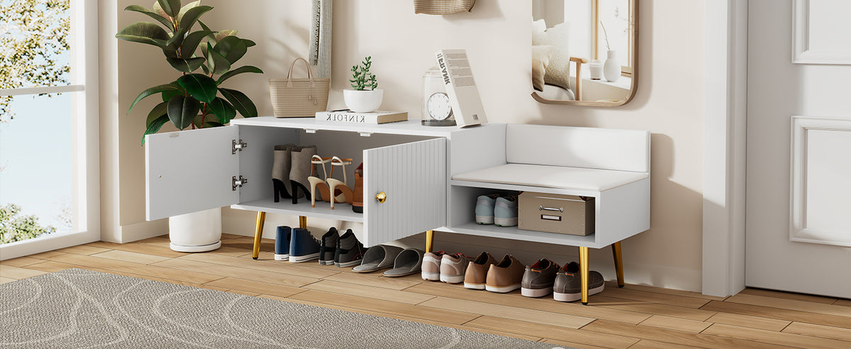 Modern White Shoe Storage Bench with Hidden Upholstered Seat